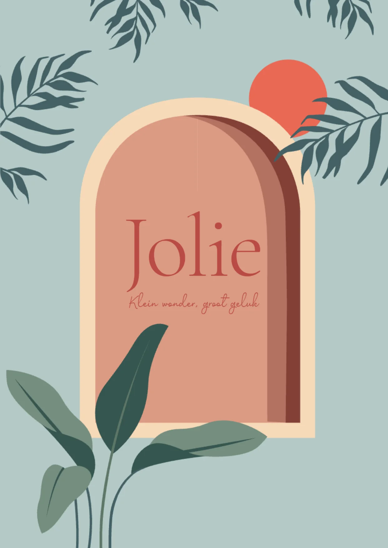 Botanisch geboortekaartje met terracotta boog